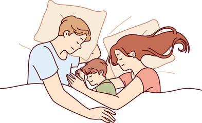 Happy family couple with child sleeps in bed enjoying healthy sleep and restoring strength
