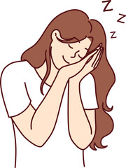 Woman sleeping standing and smiling resting head in hands, needing rest due to overwork or laziness