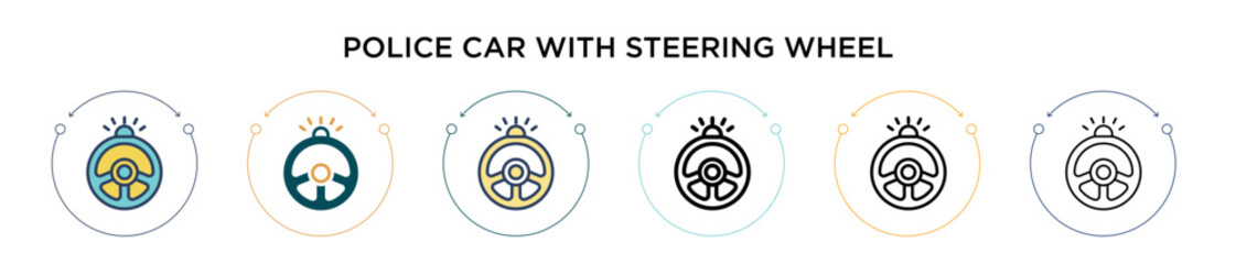 Police car with steering wheel icon in filled, thin line, outline and stroke style. Vector illustration of two colored and black police car with steering wheel vector icons designs can be used for © Digital Bazaar