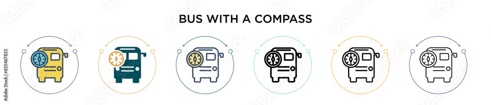 Poster bus with a compass icon in filled, thin line, outline and stroke style. vector illustration of two c