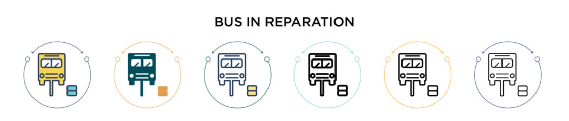 Bus in reparation icon in filled, thin line, outline and stroke style. Vector illustration of two colored and black bus in reparation vector icons designs can be used for mobile, ui, web
