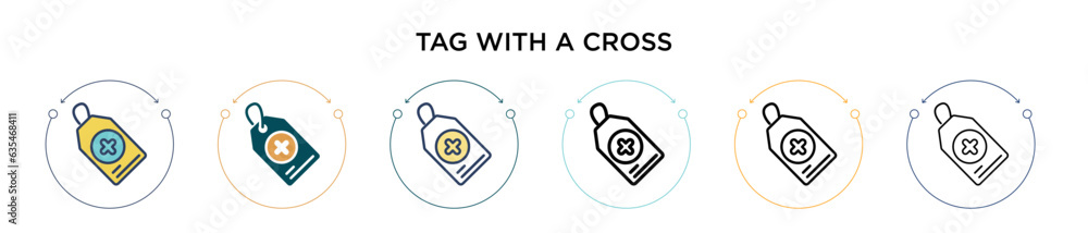 Poster tag with a cross icon in filled, thin line, outline and stroke style. vector illustration of two col