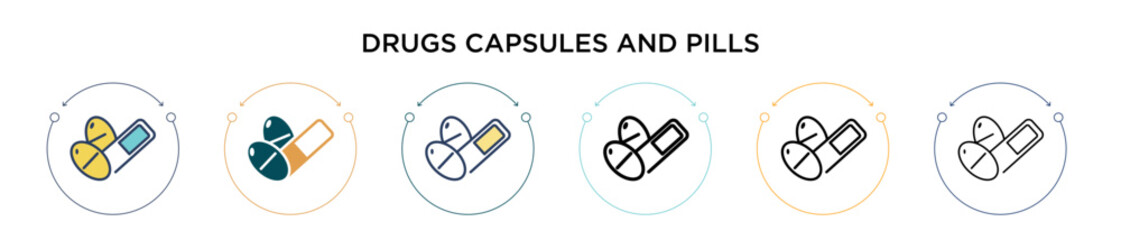 Drugs capsules and pills icon in filled, thin line, outline and stroke style. Vector illustration of two colored and black drugs capsules and pills vector icons designs can be used for mobile, ui, web