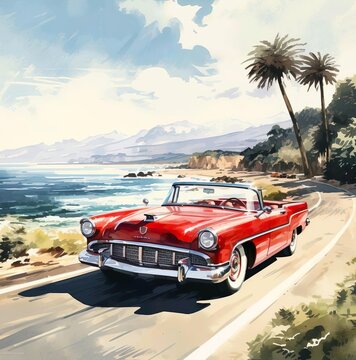 A painting red car is driving down a road with palm trees in the background