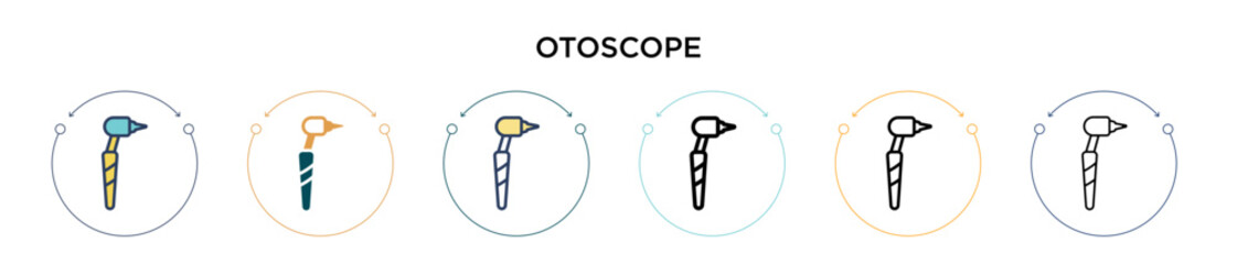 Otoscope icon in filled, thin line, outline and stroke style. Vector illustration of two colored and black otoscope vector icons designs can be used for mobile, ui, web