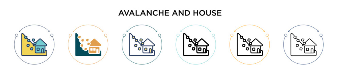 Avalanche and house icon in filled, thin line, outline and stroke style. Vector illustration of two colored and black avalanche and house vector icons designs can be used for mobile, ui, web
