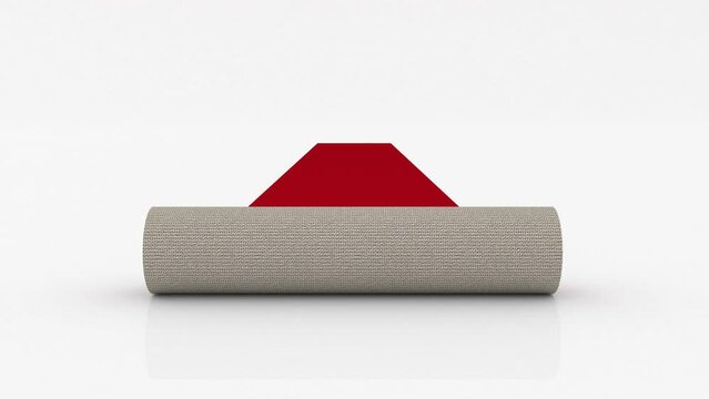 Red carpet roll falls from above onto a reflective white studio floor. It then unfurls as the camera looks straight ahead. Stanchions and velvet ropes then fall from above on either side