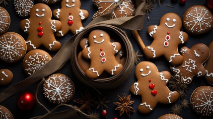 Christmas Bakery. Food photography of Christmas cookies. Close-up of many gingerbread man cookies on the table. Generative AI.