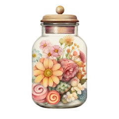 Candy Jar with Flowers Watercolor Clip Art, Watercolor Illustration, Flowers Sublimation Design, Flowers Clip Art.