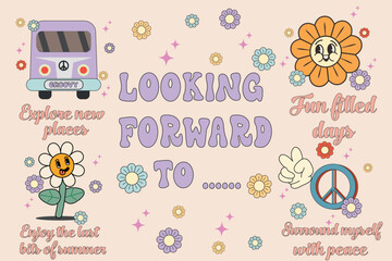 Set retro 70s hippie stickers. Psychedelic groove elements and lettering. Funny illustrations quotation with flowers, bus and peace sign and word on colorful flowers round daisy bouquet. Vector 