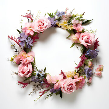 A beautiful floral wreath or floral frame on an isolated white background
