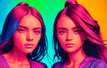 Naklejka premium Beautiful twin girls on a multicolored background. 