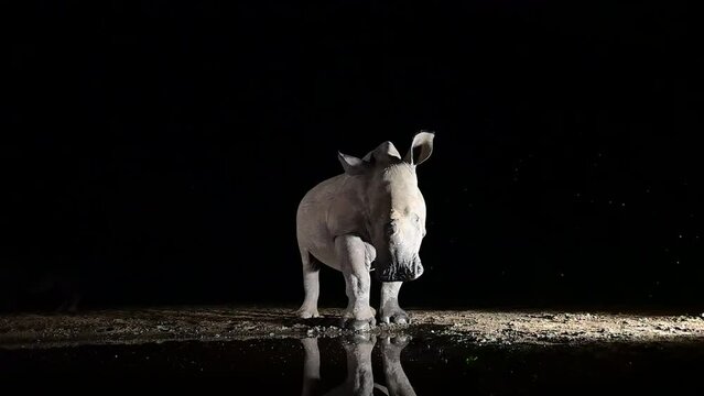 Rinoceronte blanco de noche, en una charca africana