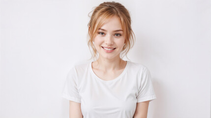 girl smiling looking at camera on white background.  Generative AI