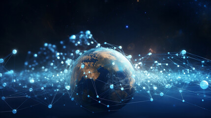 The planet in space is covered by a network of connection lines with stars