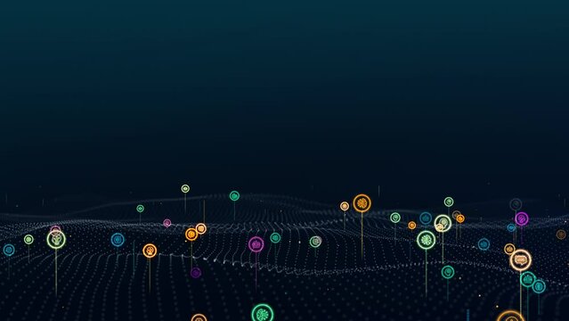 Motion graphic of Colorful digital AI icons levitation over the particle wave with futuristic abstract background artificial intelligence technology and machine learning concepts concepts
