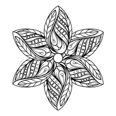 Black and white abstract star shape floral mandala pattern. Antistress coloring page.