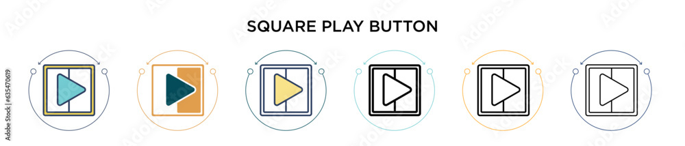 Poster square play button icon in filled, thin line, outline and stroke style. vector illustration of two c