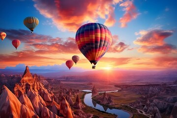 Landscape of fabulous Kapadokya: Colorful hot air balloons flying, Generative Ai - obrazy, fototapety, plakaty