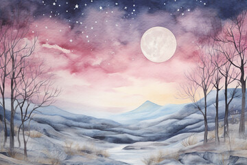 Winter background with full moon and trees. Watercolor illustration created with Generative Ai technology