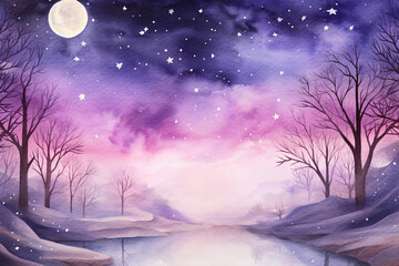 Winter forest background at full moon night. Watercolor illustration created with Generative Ai technology