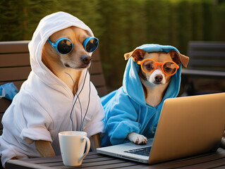 Two adorable cute hipster chihuahuas in sunglasses and vibrant colored hoodies using laptop outdoors in the city park.