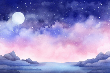 Magic background with full moon and stars in purple colors. Watercolor illustration created with Generative Ai technology