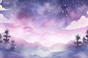 Crédence de cuisine en verre imprimé Forêt des fées Night background with clouds and stars in purple colors. Watercolor illustration created with Generative Ai technology