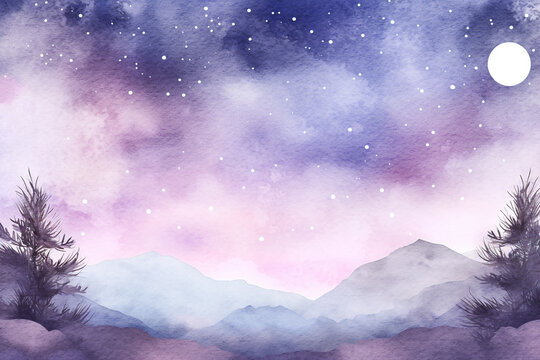 Winter forest background at full moon night. Watercolor illustration created with Generative Ai technology
