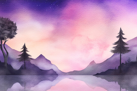 Mystical mountains and trees near the lake. Watercolor background with a copy space. Illustration created with Generative Ai technology