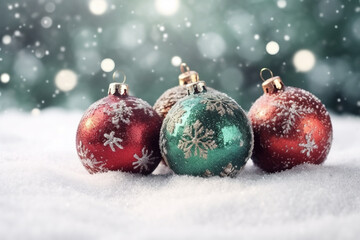 Christmas balls on the snow, beautiful xmas background