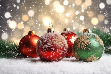 Fototapeta na wymiar Christmas balls on the snow, beautiful xmas background