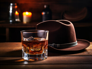 Cowboy hat and glass of whiskey