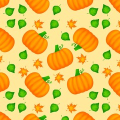 Repeating pattern of autumn leaves and pumpkins on a beige background