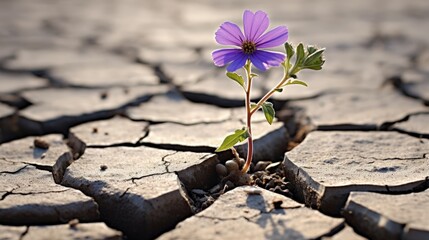Small plant growing in cracked and broken ground, concept of nature and hope. Generative AI