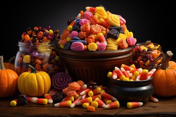 Naklejka premium Halloween candies and sweets on dark background.Generative Ai