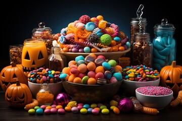 Fototapeta na wymiar Halloween candies and sweets on dark background.Generative Ai