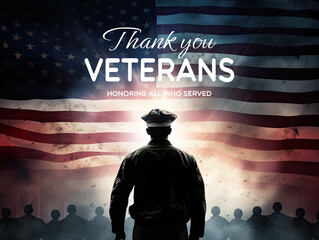 US Veteran's day poster. Honoring all who served. United States Memorial Day background, patriotic theme, veterans saluting to US flag shadowed out