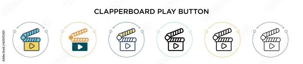 Poster clapperboard play button icon in filled, thin line, outline and stroke style. vector illustration of