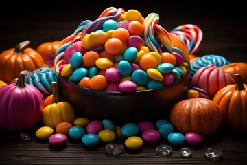 Halloween candies and sweets on dark background.Generative Ai