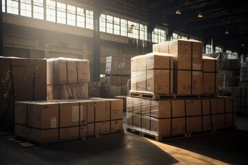 Logistic warehouse full of cardboard boxes, concept of logistics and parcel delivery. Generative AI