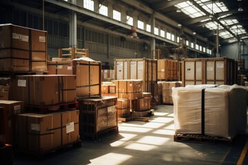Logistic warehouse full of cardboard boxes, concept of logistics and parcel delivery. Generative AI