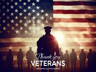US Veteran's day poster. Honoring all who served. United States Memorial Day background, patriotic theme, veterans saluting to US flag shadowed out