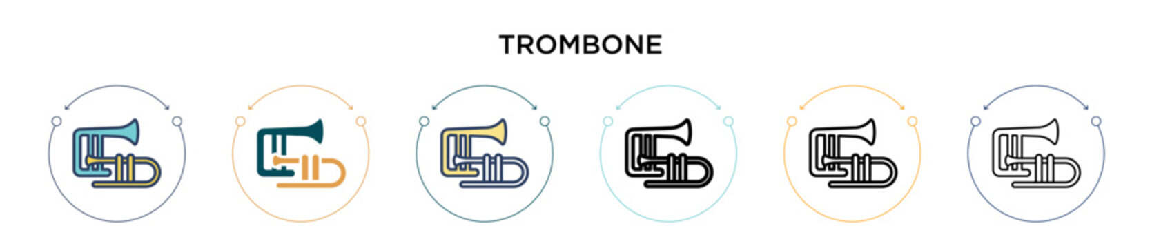 Trombone icon in filled, thin line, outline and stroke style. Vector illustration of two colored and black trombone vector icons designs can be used for mobile, ui, web