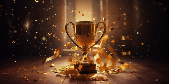 Gold trophy background with serpentine and confetti, copy space, competition concept. Generative AI