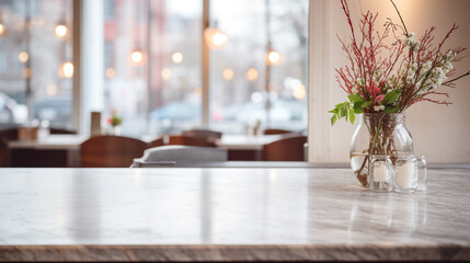 marble countertop on blurred restaurant background. Generative Ai. 