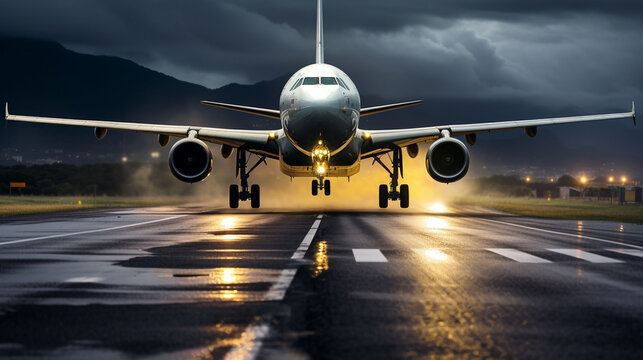 airplane landing at night. Generative Ai. 