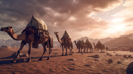 Camel caravan in the desert. Generative Ai. 