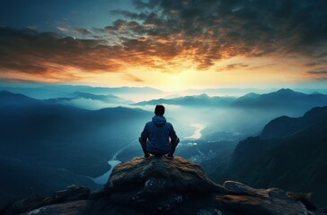 Fototapeta premium Landscape with man sitting on the top of the mountain, reflection and freedom concept. Generative AI