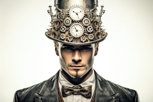 Man in top hat and costume in steampunk style, retro technology concept. Generative AI